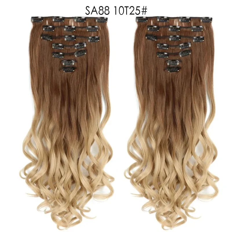 Clip in Long Wavy Synthetic Hair Extension 22 Inch 7PCS Thick Hairpieces Fiber Double Weft Hair for Women