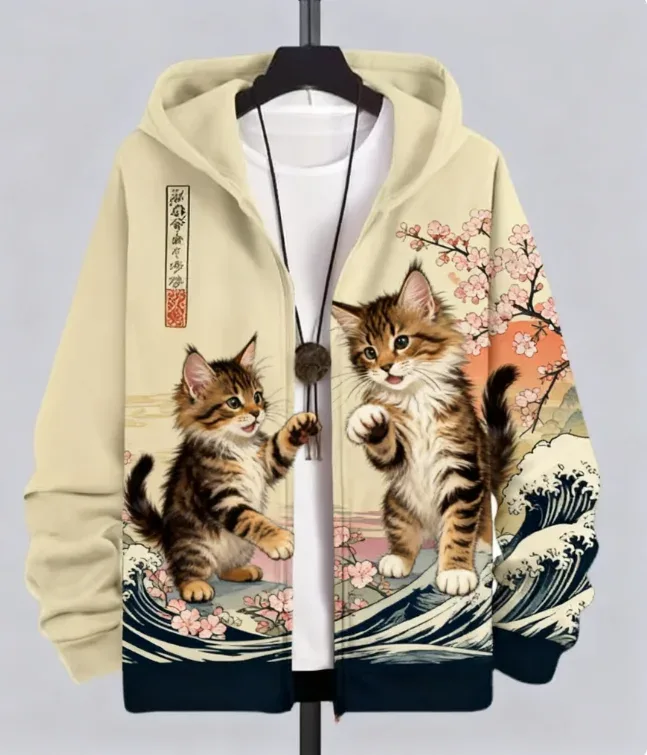 Sudadera con estampado de gato y Animal para hombre, chándal con estampado 3D de cremallera, Sudadera con capucha de manga larga a la moda, ropa Y2K