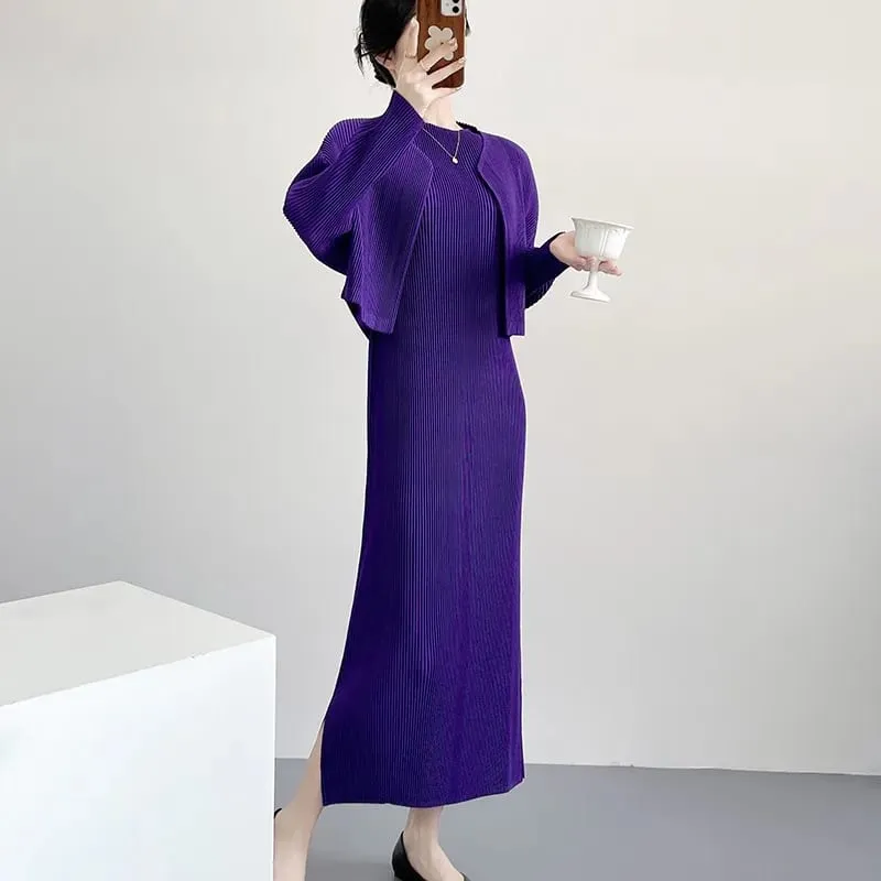 Miyake Pleated Dresses 2026 New Women's Long Sleeve Cardigan Jacket Round Neck Straight Long Dress Commuter Fashion Skirt Set