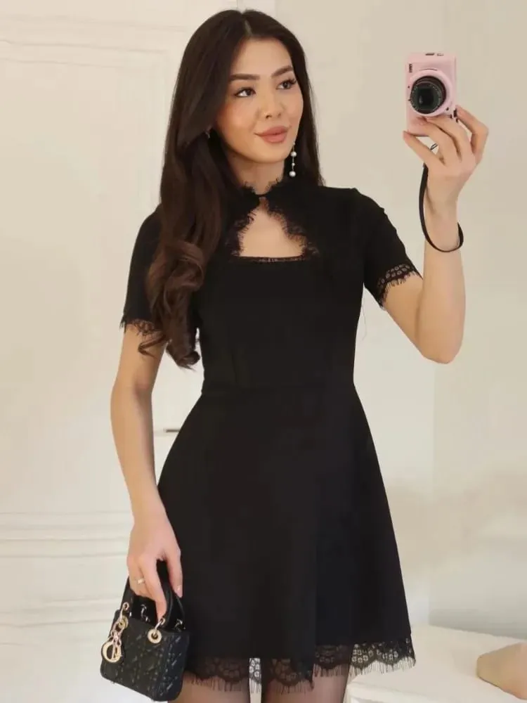 Tossy Black Lace Hollow Out Mini Dress Female Patchwork Short Sleeve Sexy High Waist Party Dress Women's Casual Printed Dress