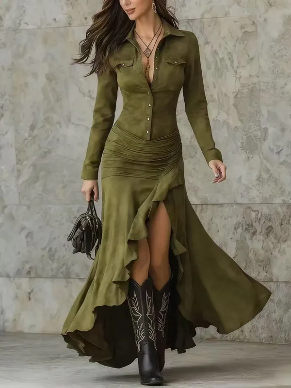 Elegant Retro Solid Color Dress For Women Spring Autumn Fashion New Lapel Button Long Sleeve Asymmetric Big Hem Long Dress