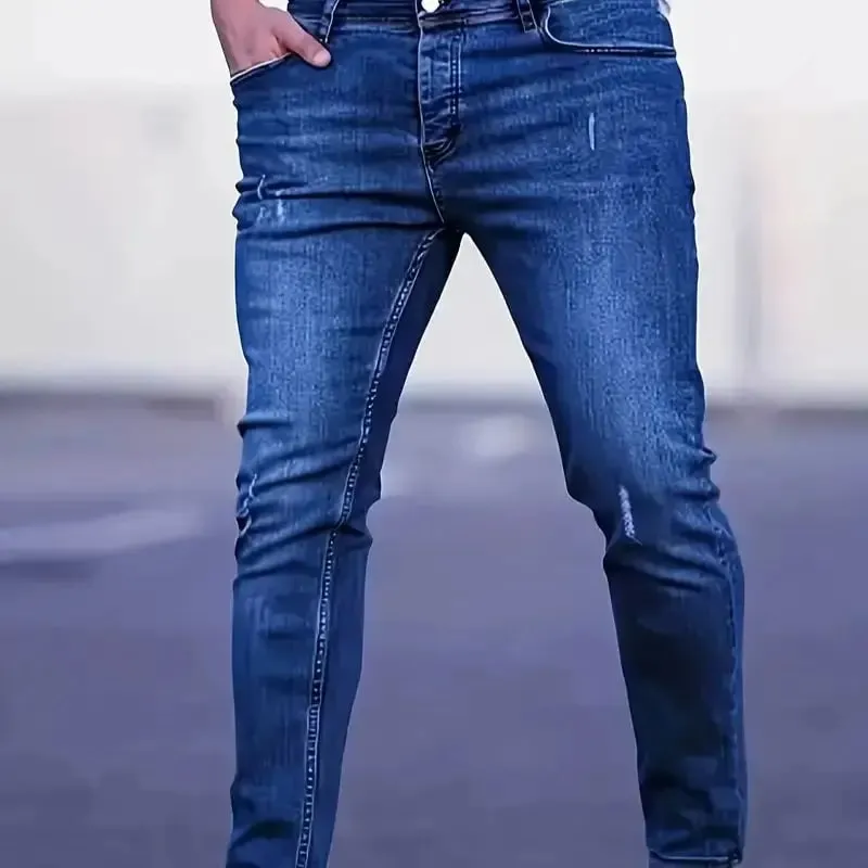 Men's Slim Fit Stretch Denim Jeans with Ripped Detail & Contrast Stitching Fashion Streetwear Casual Trousers for Daily Wear