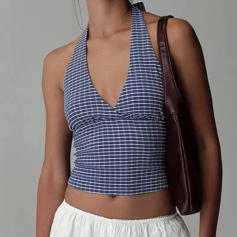 Women Sexy Halter Deep V Neck Top Slim Fit Backless Crop Tank Top Y2k Polka Dot Open Back Sleeveless Cami Tops