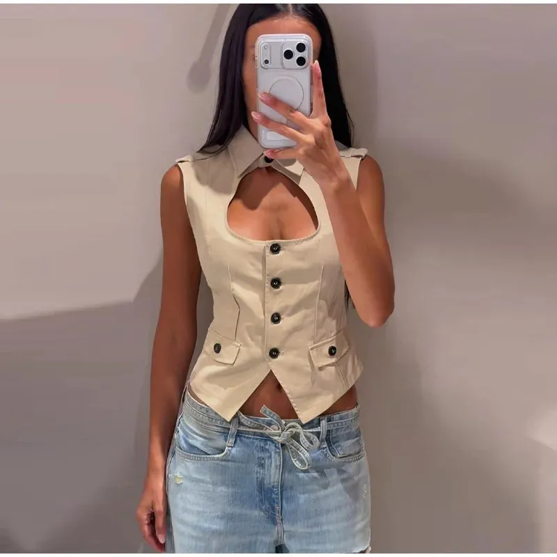 Women's Cropped Tops Lapel Hollow Out Sleeveless Waist Cinching Single Breasted Top Street Lady Irregular Hem Slim Partywear New — image 8