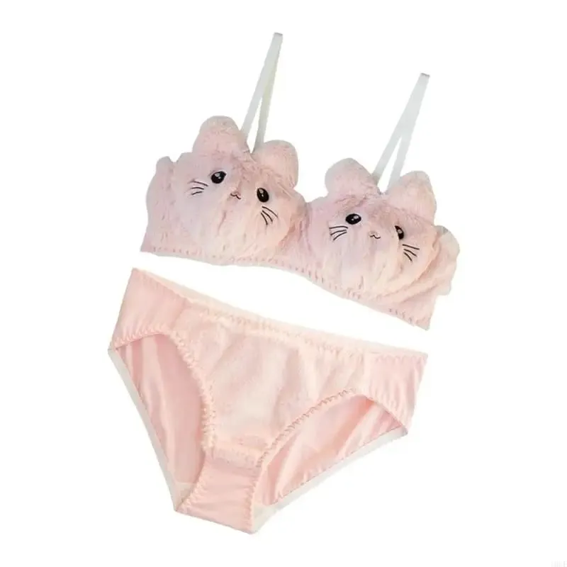 2Pcs Cartoon Intimates Funny Cats Plush Lingerie Anime Bra and Panty Underwear