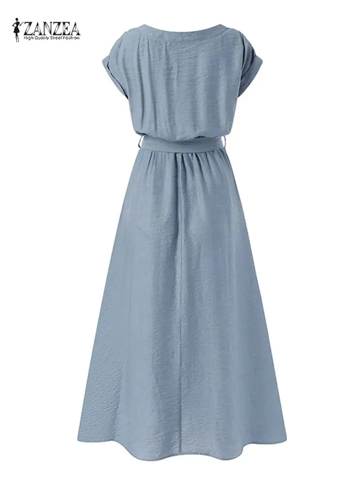 2025 ZANZEA Frauen Mode Kurzarm Kleid Sommer Elegante Party Vestidos Casual Mid-kalb Sommerkleid Femme Vintage OL Robe kaftan