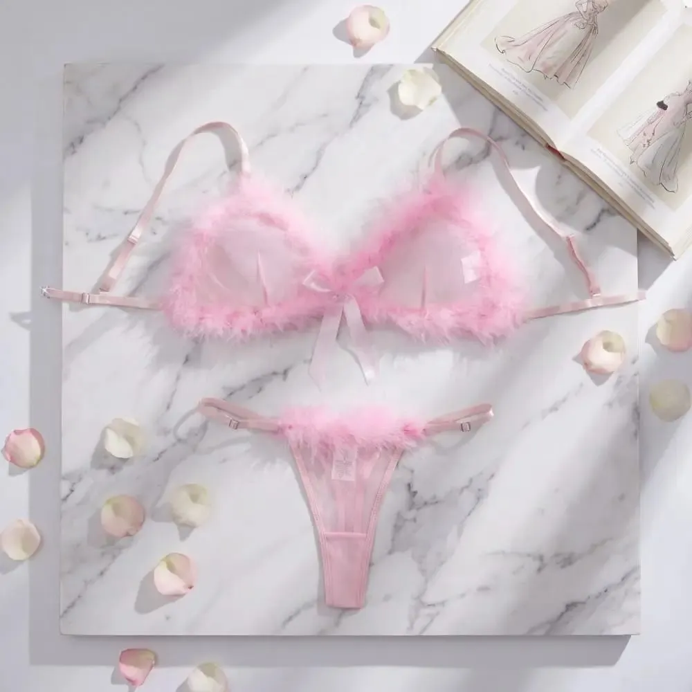 New Year Furry Women's Underwear Wireless Mesh Transparent Lingerie Set Bow Decor Romantic Intimate Bra Panties Suit Home
