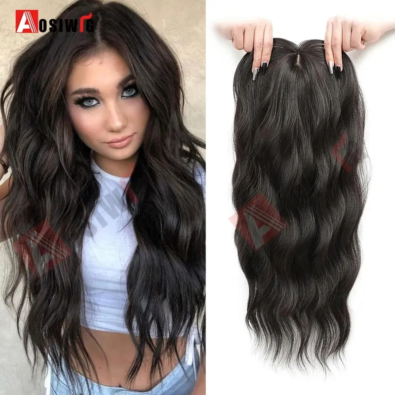 22 Inch Long Wavy Synthetic Hair Topper For Women Clip In Hairpiece Crown Hair Extension With Base Cover Thinning Hair Add Volum