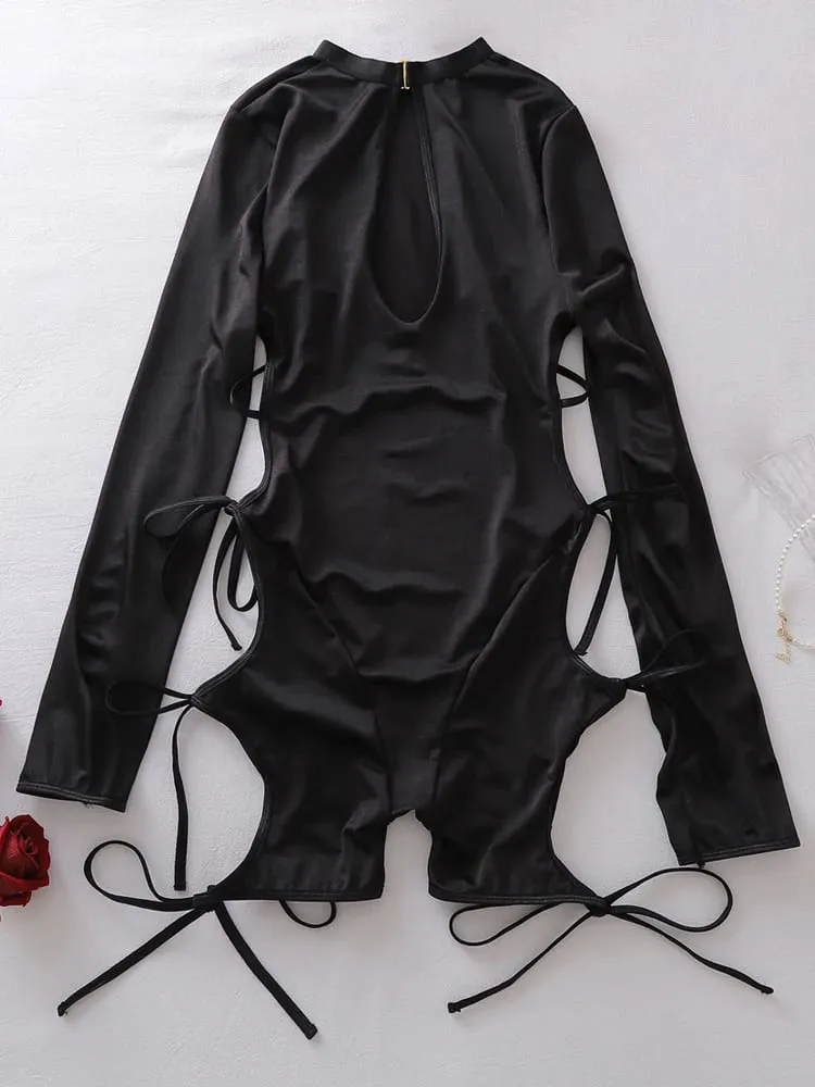 Belamimi Fashion Lace Up Open Back Romper Female Hollow Out Bodycon Lingerie Jumpsuit