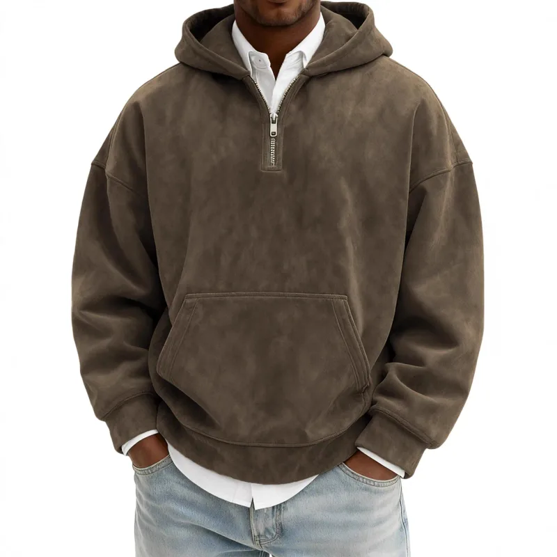 American New Fashion Men's Solid Color Half Zipper Long Sleeve Casual Trendy Daily Hooded Sweatshirts Male Hoodies Clothes Tops