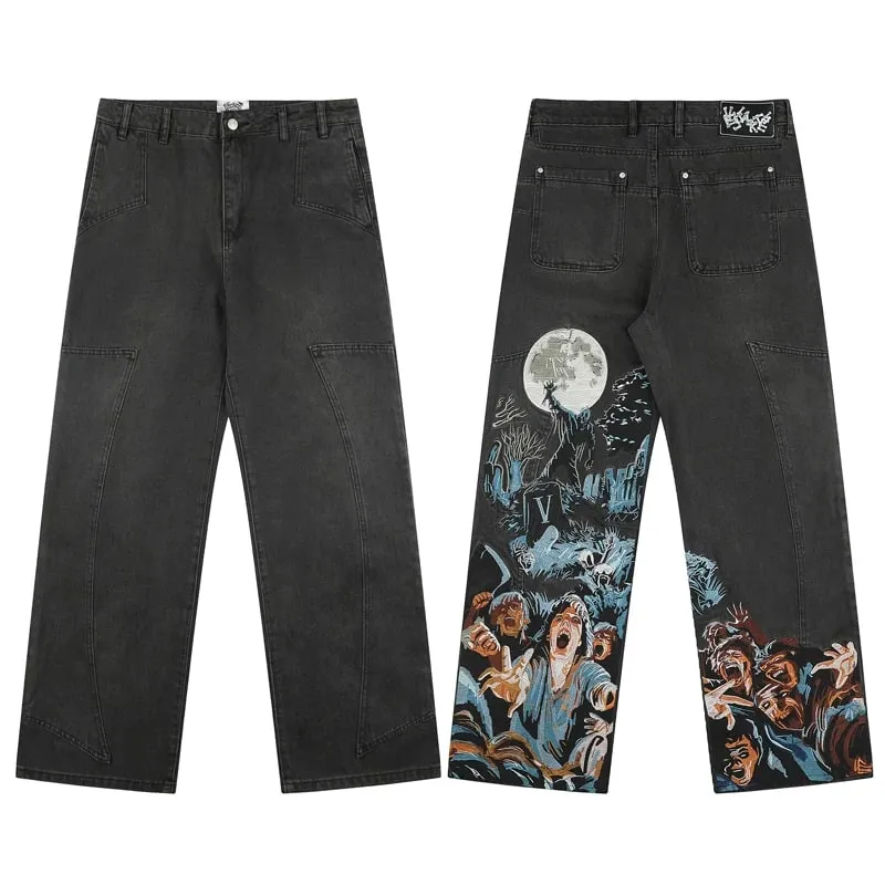Blue Vescartes Cherry Blossom Knight Loose Straight Jeans High Quality Men Women Streetwear Fashion Denim Trousers Leather Label