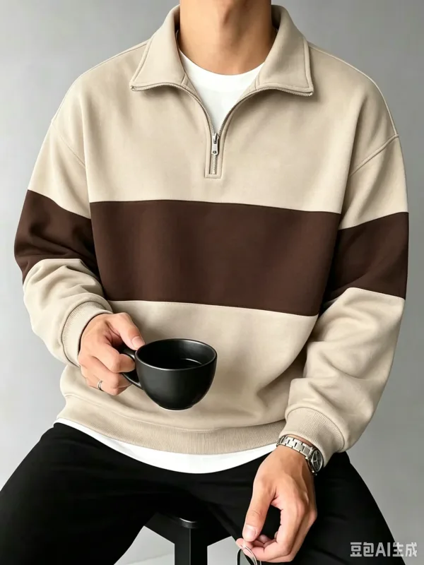 Autumn and Winter Color Blocking printed Men's Clothes Casual Half Zip Long Sleeve Sweatshirts Street Trend Stand Collar Hoodies