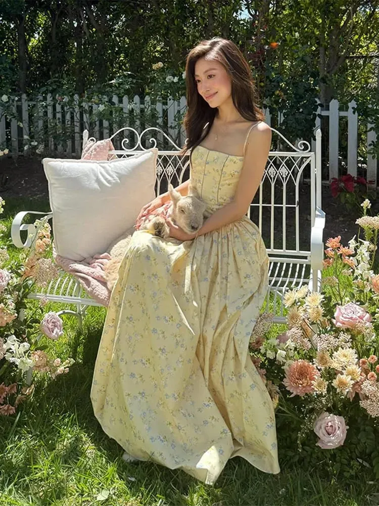 Floral Print Spaghetti Strap Maxi Dress Square Neck Corset Waist A-Line Elegant Dresses Casual 2026 Summer Vacation Chic Outfit