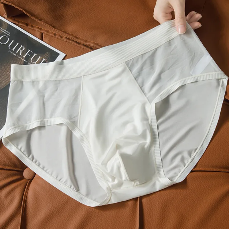 Men Ice Silk Seamless T-Back Mesh Sheer Brief Underwear Ultra-Thin Lingerie Mid Rise Calcinha Cool Extreme Men's Panties Classic