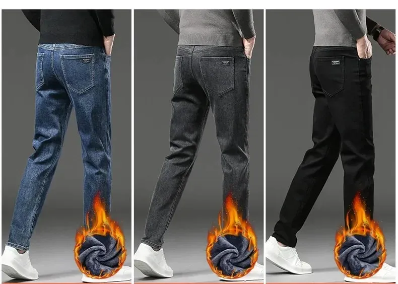2027 New In Slim Straight Elastic Denim Winter Fleece Thick Warm Jeans Men's Pants Casual Male Clothing Fashion Plush Trousers