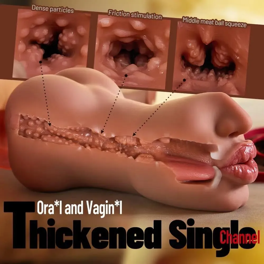 1pc Double-Ended Male Masturbation Sex Toy with Realistic Sexy Plump Lips Pocket Stroker Toy with Mouth Tongue&Textured Vagina