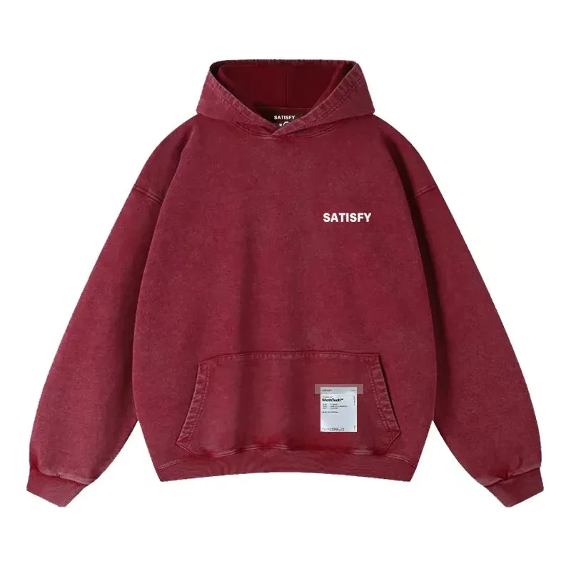 Elf-Adhesive SATISFY Flocking Print Hoodie Sweatshirt Jacket Street Style Loose Fit Long Sleeve for Young Men And Women