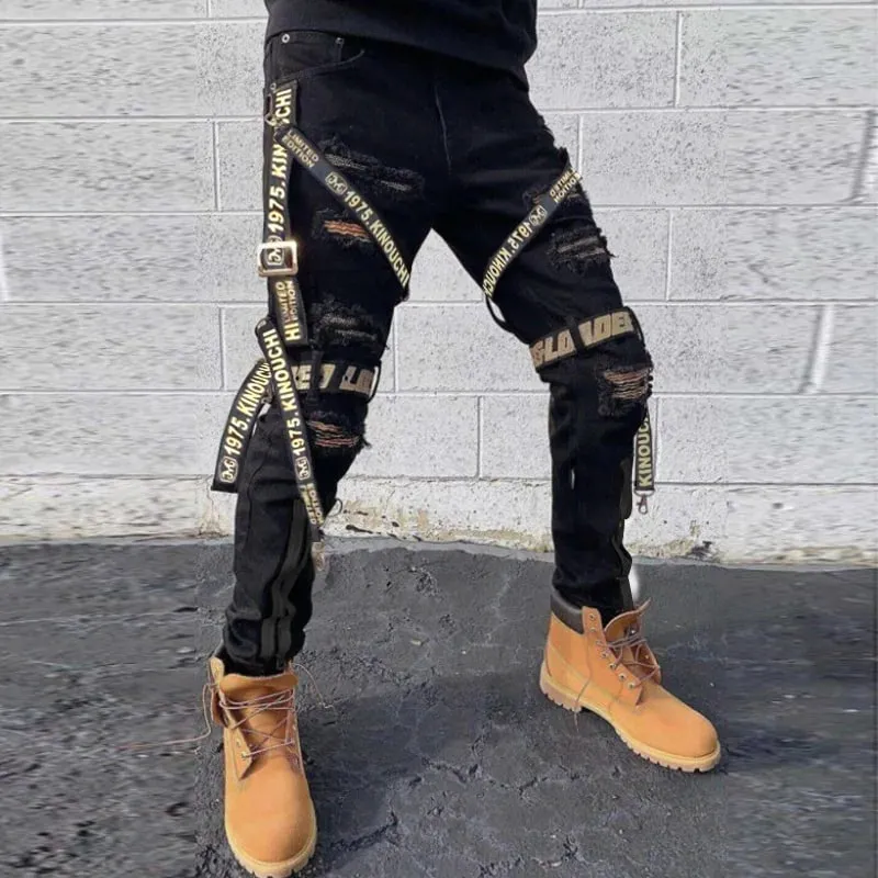 שחור רשת מטען ג'ינס גברים היפ הופ פאנק Goth Techwear אופנה גברים מכנסיים ג'ינס קרועים בסגנון מועדון לילה סקיני ג'ין גבר מכנסיים