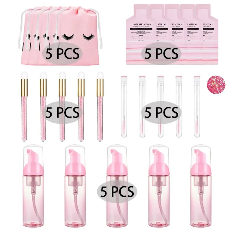 60ml Refillable Leakproof Empty Foam Pump Bottles Eyelash Extension Shampoo Kit Lash Comb Tube Cleaning Brush EVA Storage Bags