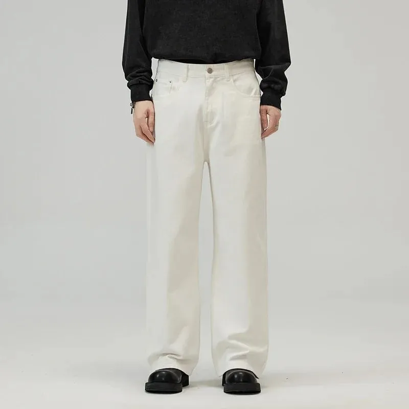 100％ Cotton Men's Baggy Straight Jeans Comfortable Soft Casual Pants Fashion Korean White Brown Denim Trousers Male Clothing