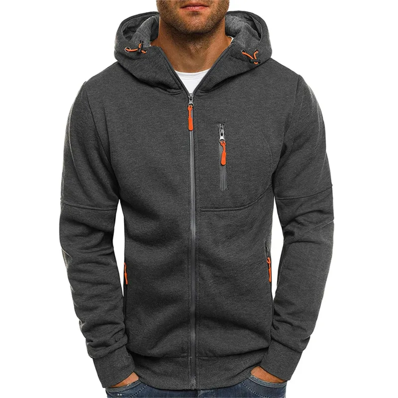 Men's Grey Hooded Sweatshirt Full Zipper Casual Sportswear with Pockets Orange Drawstring plus Size Available