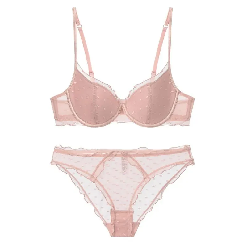 French Lace Polka Dot Bra Two-Piece Set Small Chest Gathering and Lifting Anti-Sagging Side Breast Collecting Lingerie Set