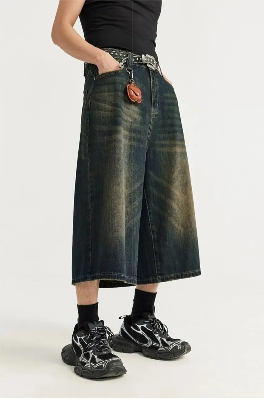 Men Vintage Washed Denim Shorts Loose Wide Leg Retro Nostalgic Tone Summer Streetwear Vintage Cropped Jeans