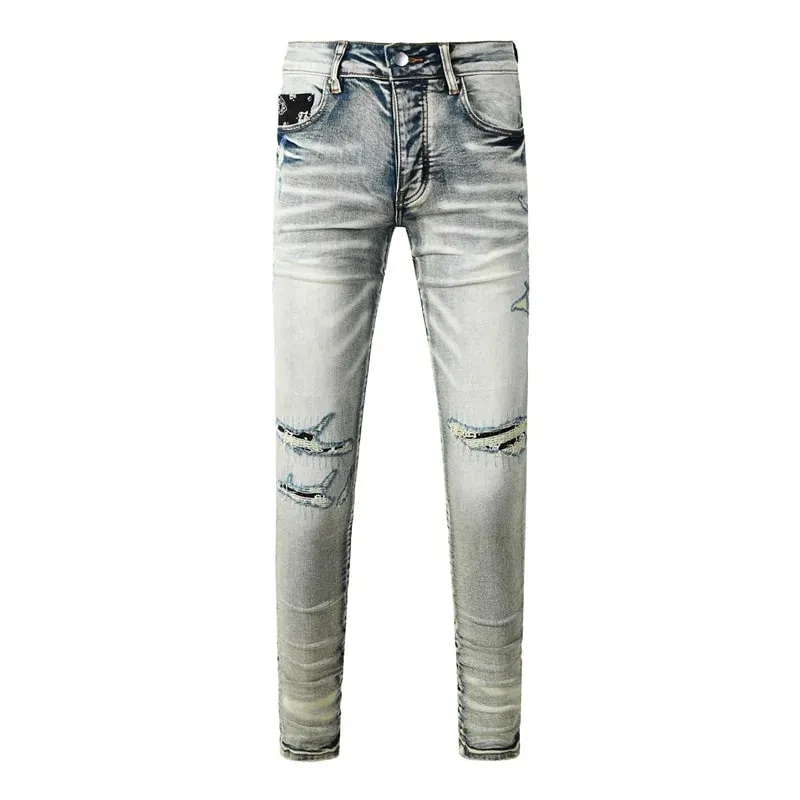 Fashion Americans Brands Men's Jeans Luxury Streetwear Holes Long Trousers Quality Male Stretch Slim Pants Skinny Trousers