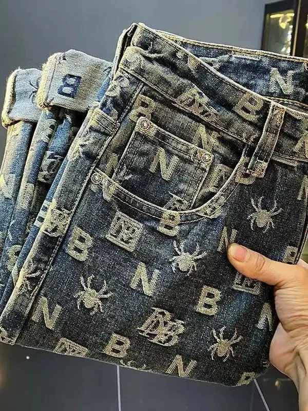 Retro American High Street Wide Leg Jeans Men's Heavyweight Washed Loose Trendy Brand Embroidery High Street Long Pants