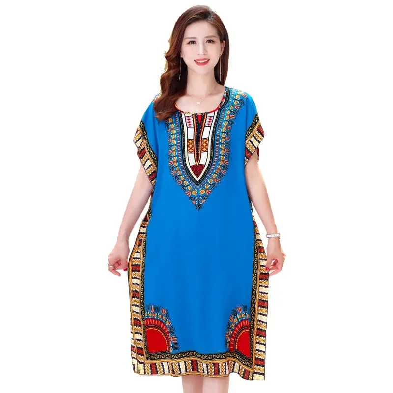 Summer cotton and silk dress medium and long bat sleeve loose large size beach dress mother dress belly and thin skirt women