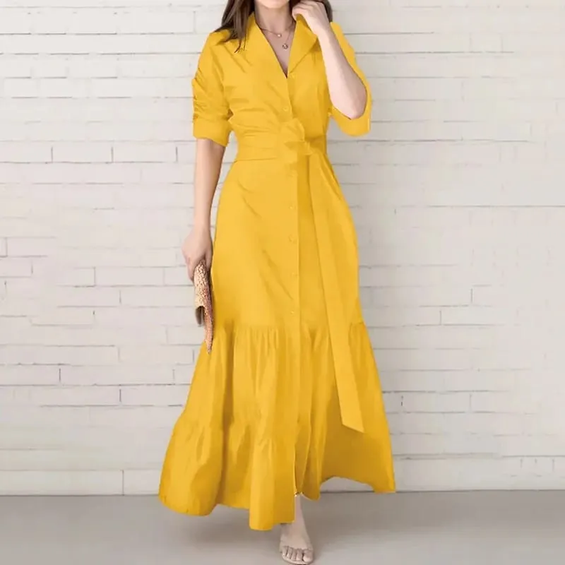 Spring Summer New Women's Long Solid Color Shirt Dresses Versatile Elegant V Neck Lace Up Cinched Waist Single Breasted Dress