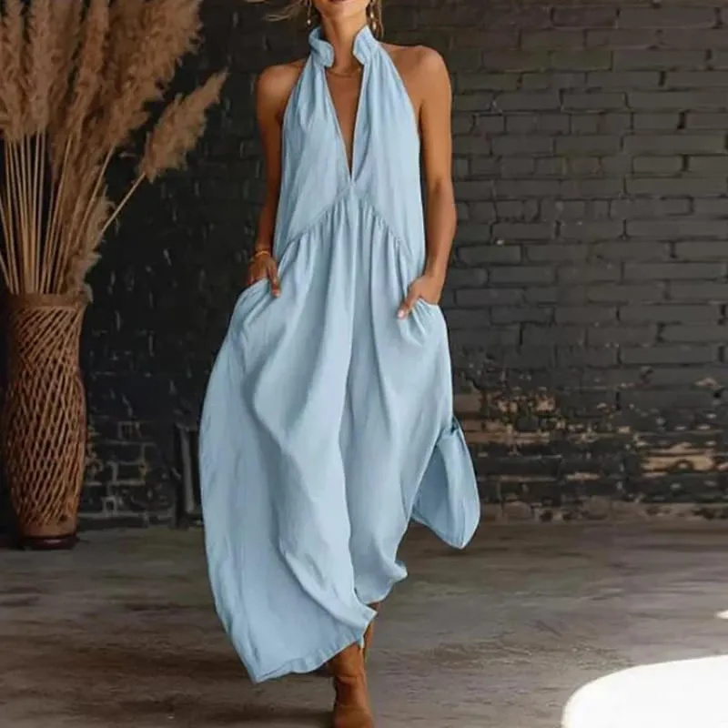 Summer Women Elegant Dress V Neck Sleeveless Pocket Loose Street Style Long Dresses For Women Casual Beach Holiday Maxi Dress