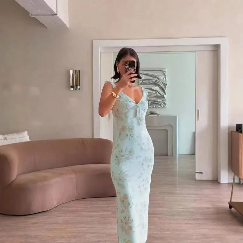 FL New Summer Flower Printed Women's Sexy Low-cut Dress Sleeveless Backless Slim Sling Dresses 2025 Beach Vacation Lady Vestidos