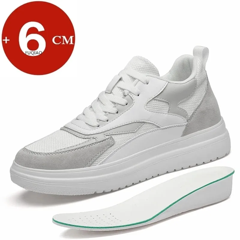 6cm Height Increase Shoes Unisex Genuine Leather & Mesh Breathable Lightweight Casual Sneakers Comfortable Elevator Footwear