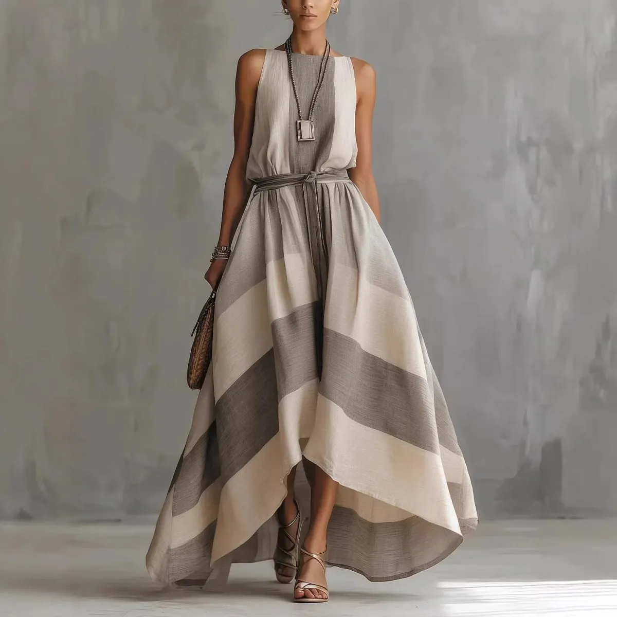 Summer New Irregular Maxi Dresses Women's Fashion O Neck Striped Sleeveless Big Hem Dress Casual Solid Loose Party Beach Dress