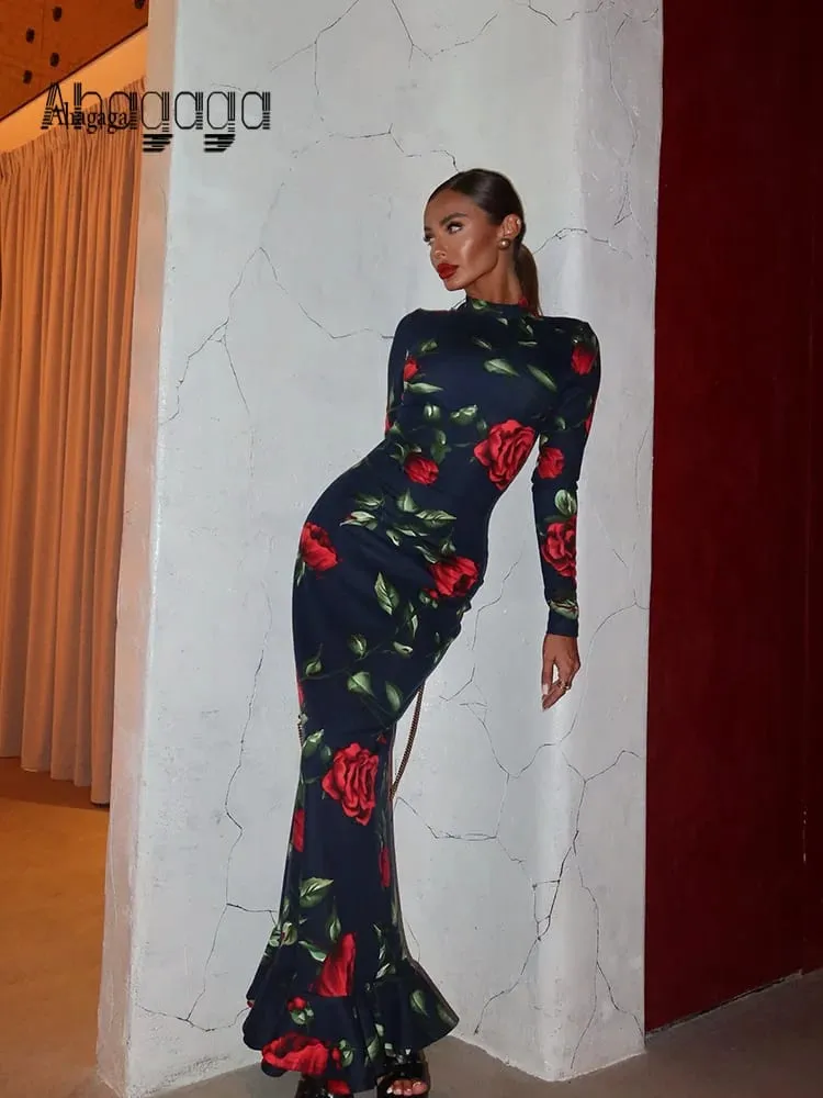 Ahagaga Fashion Women's Maxi Dresses Print Sexy Turtleneck Regular Long Sleeves Fishtail Autumn Sheath Bodycon Trend Vestidos