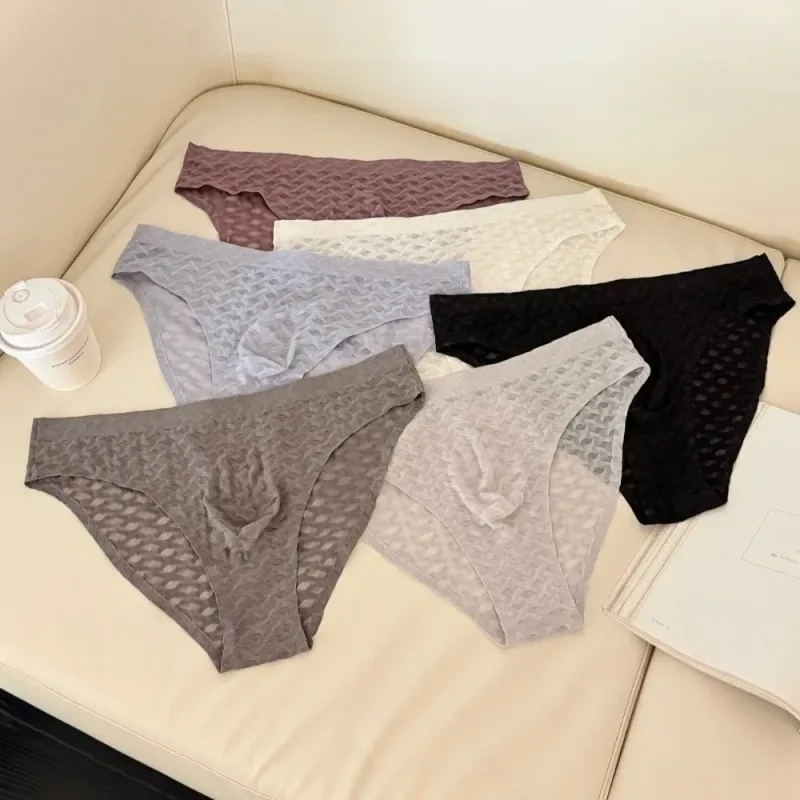 Panties Mesh Thin Men's Underwear Transparent Low Waist Ice Silk Underpants Bubble U Convex Pouch Men Triangle Briefs Male