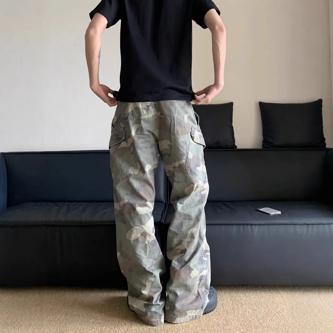 Mens Camouflage Cargo Pants Slim Straight Hiphop Jeans High Street Multi Pocket Micro Flare Trousers Streetwear