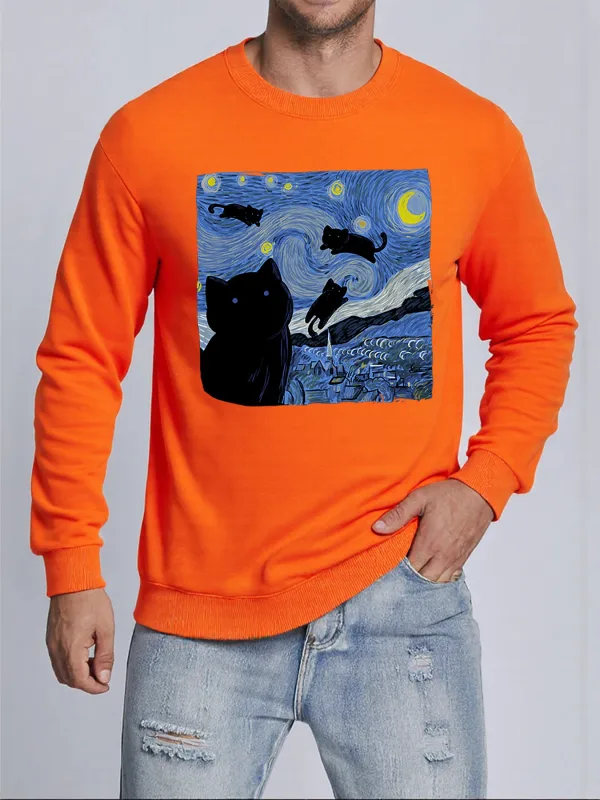 Van Gogh Starry Night Cat Printed Pullovers Unisex Thicken All-Match Sweatshirt Hip Hop Loose Hoodie Autumn Casual Sweatshirts