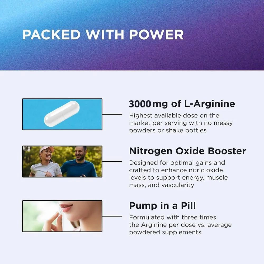 L Arginine 3000mg for Men Women Muscle Mass Supplement for Endurance Energy and Heart Health Support During Exercise Non-GMO