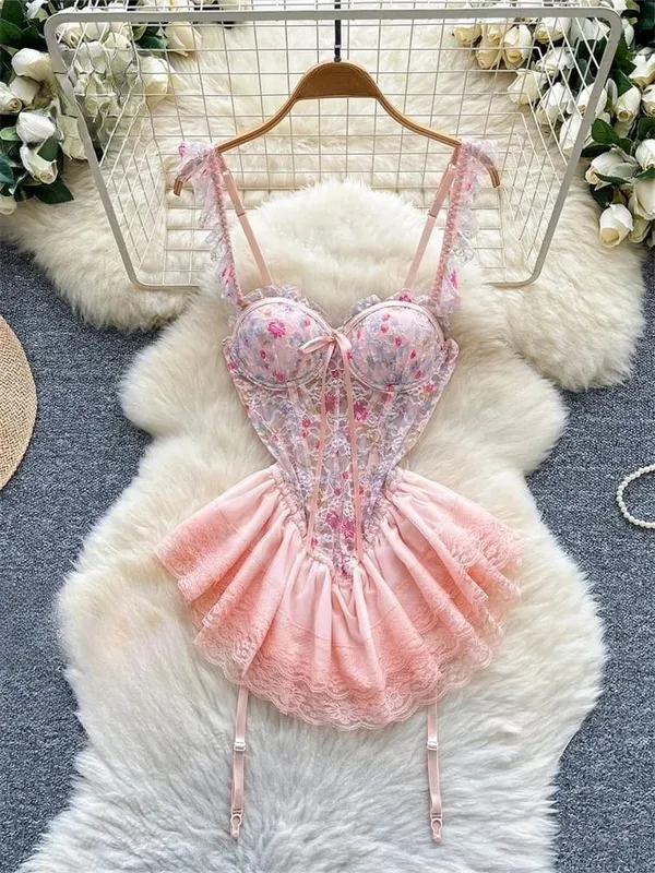 Woman Embroidery Floral Mesh Fashion Sexy Dress Chinese Style Short Sleeve Split Hollow Out Cheongsam New Gauze Sheer Dress