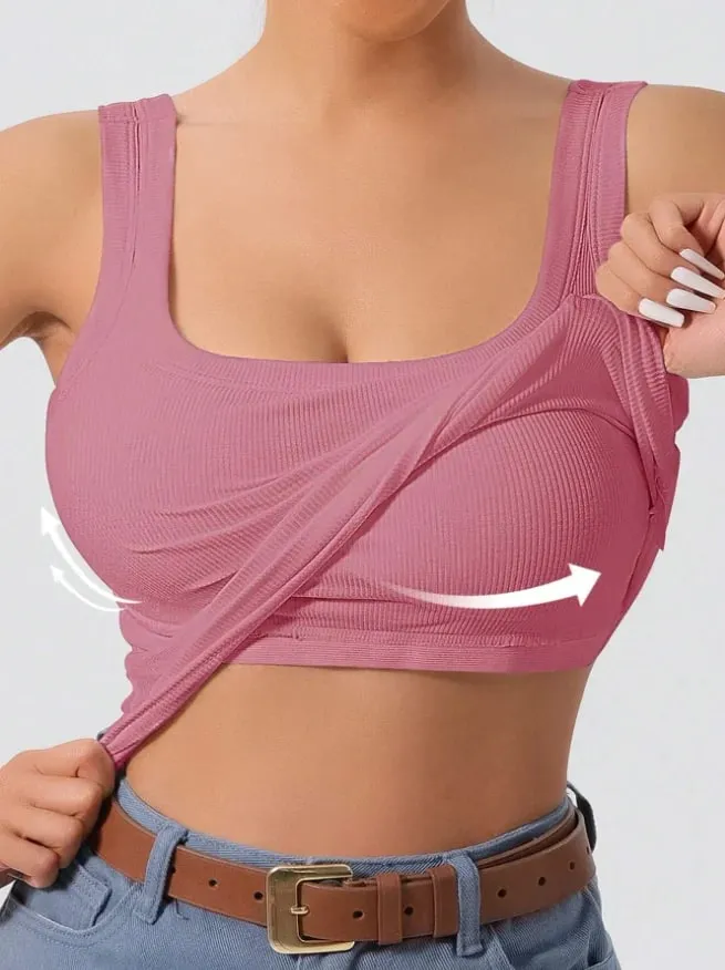 2026 Summer Women's Western-style One-piece Built-in Bra Ribbed Square Neck Slimming Versatile Outerwear Base Layer Tank