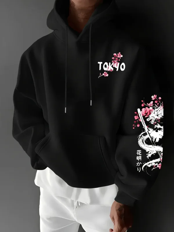 New Men's Anime Dragon Cherry Blossom Printed Hooded Sweatshirt Winter Fleece Warm Casual Street Comfort Inspired Design Hoodie