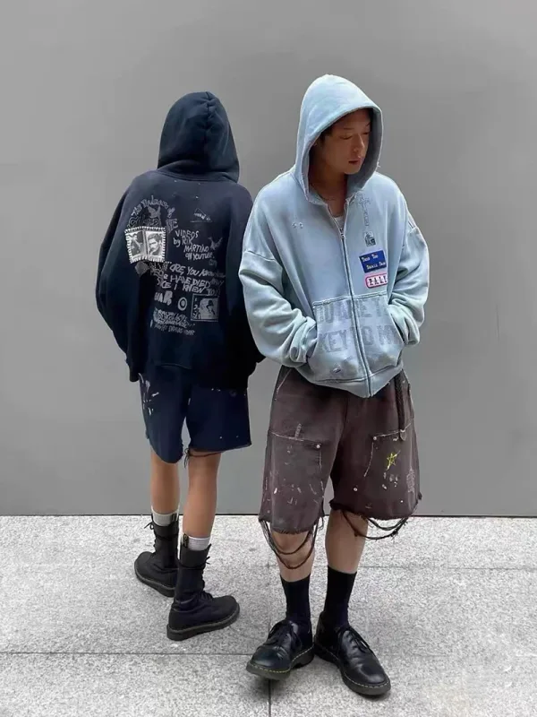 Light Blue PALY Letter Crystal Hoodie Ripped Washed Fashion Patch High Street Casual Men Women 1:1 Zipper Sweatshirts