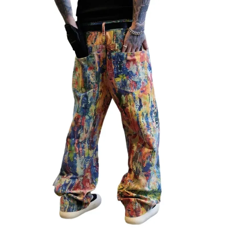 High Street Fashion Painted Graffiti Jeans Men's Mid Waist Casual Straight Leg Pants 2026 Summer New 28L2331