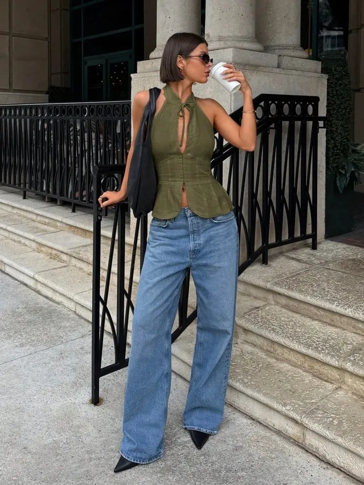 Woman Halter Neck Backless Fitted Crop Top Sleeveless Summer Street Stand Collar Slim Solid Color Tie Front Waist Fitted Top