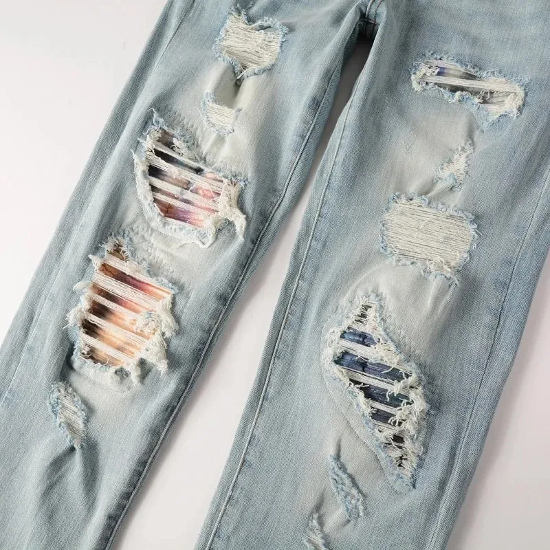Jean en Denim extensible pour hommes, Patch craquelé, trous déchirés, pantalon Patchwork, Streetwear, bleu clair, pantalon fuselé slim — image 3