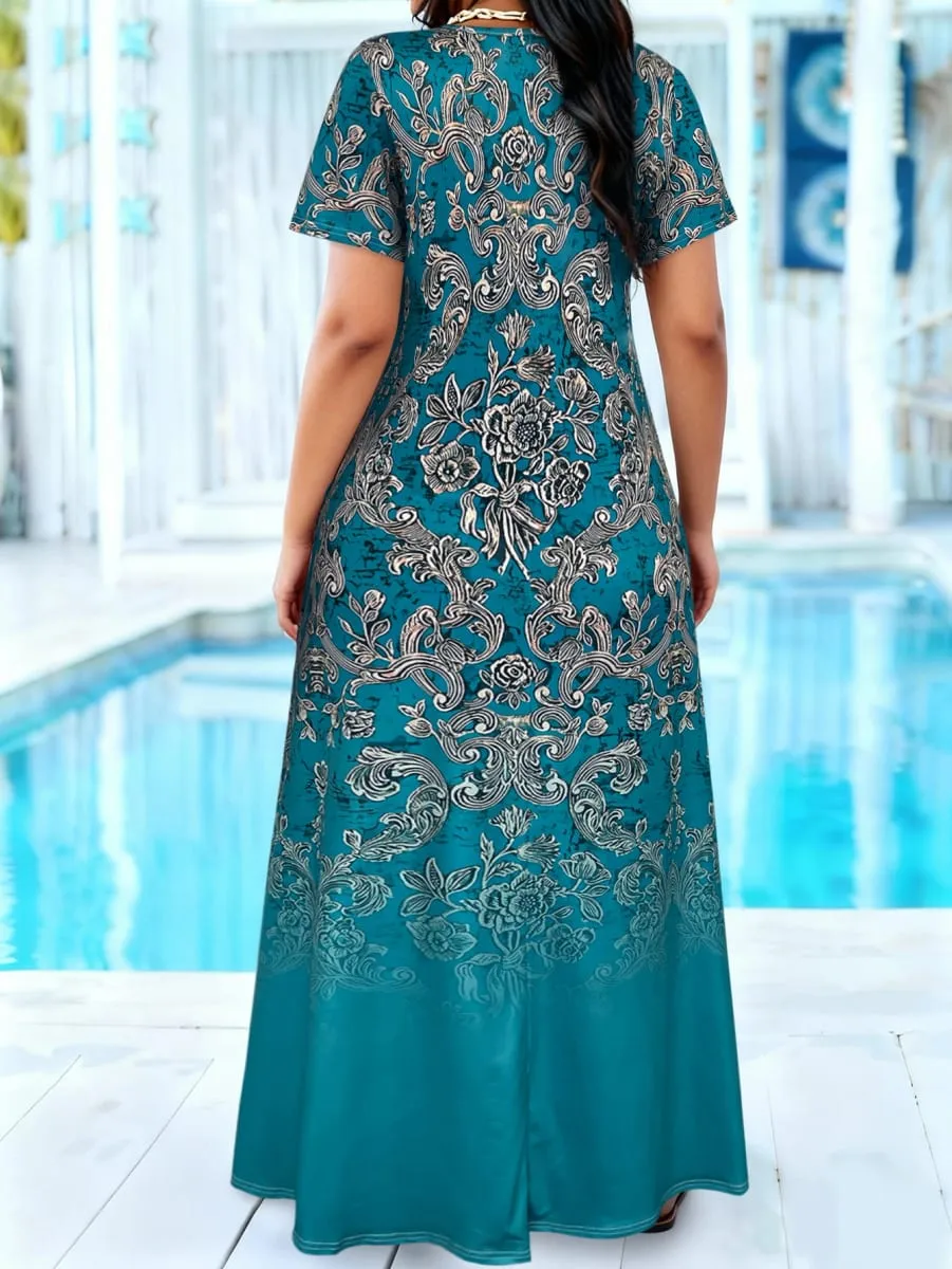 พลัสขนาด Teal Baroque พิมพ์ลายดอกไม้ Maxi Dress ฤดูร้อนลำลองแขนสั้นคอตักหลวม Long Sundress พร้อมกระเป๋า