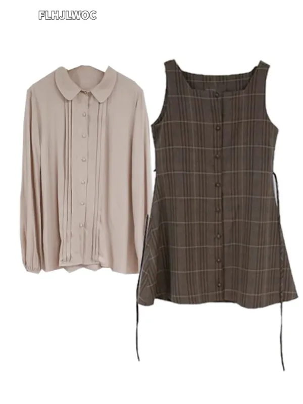 Bonito mini ano novo data vestidos sem mangas colete feminino coreia estilo japonês design retro vintage xadrez botão camisa vestido 11021