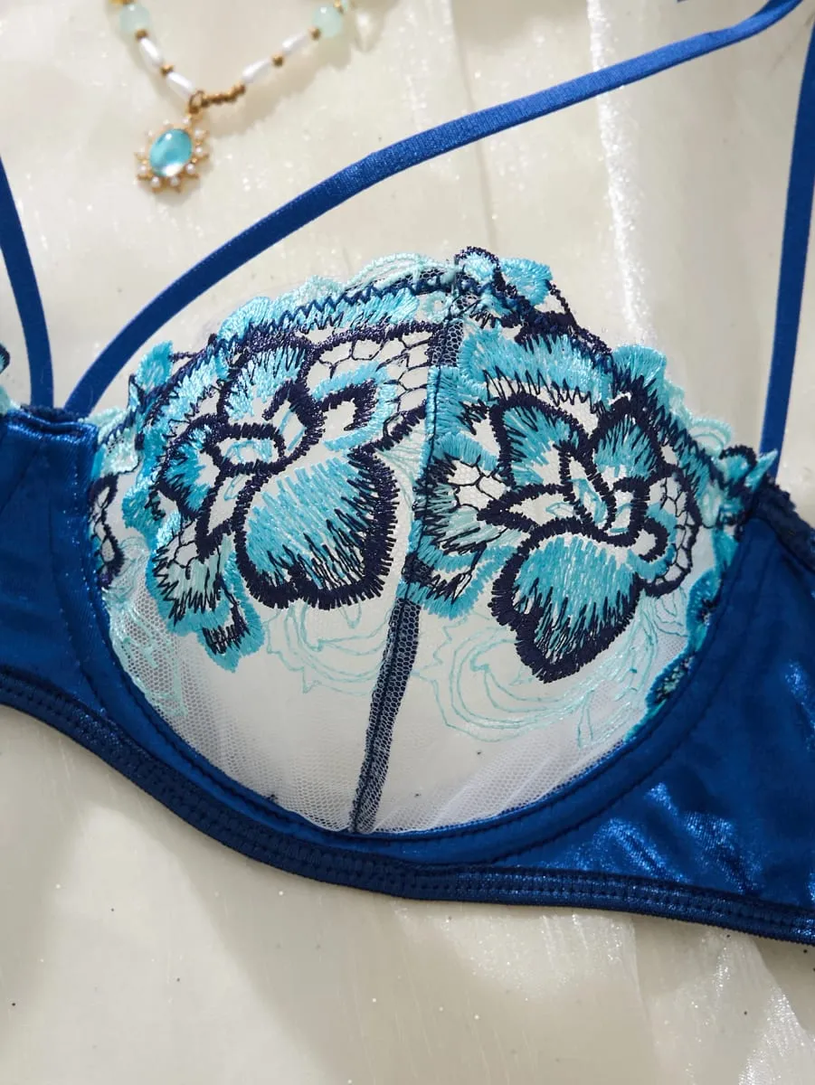 Vintage Blue Satin Lingerie Set Contrast Floral Embroidery Sheer Mesh Underwire Bra Adjustable Strap Thong Panties For Women